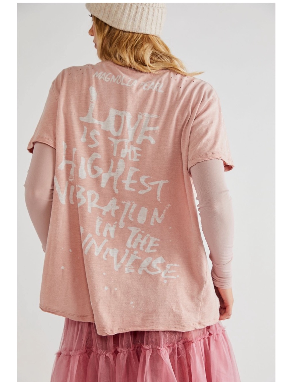 Magnolia Pearl Spread Love Cat Oversized Tee in Mollu Pink Distressed Cotton OS - Picture 11 of 16